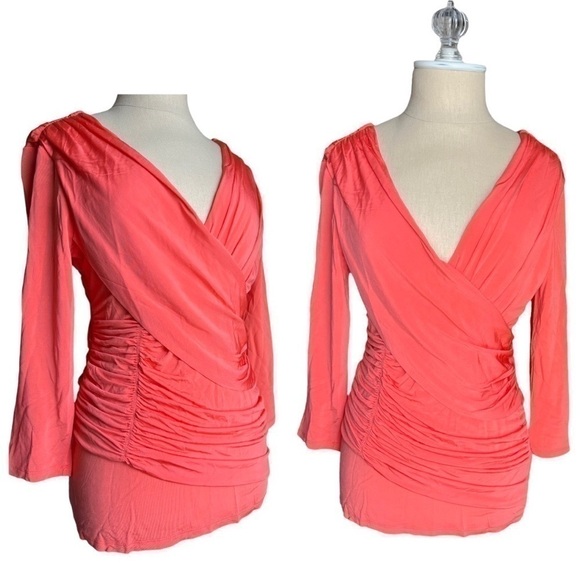 BEBE Sexy Draped Faux Wrap Long Sleeve Top Soft Stretchy Coral Pink Size Medium - Picture 1 of 12